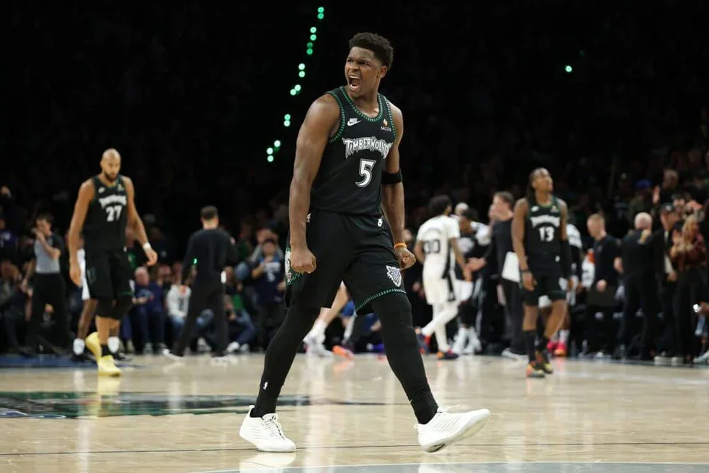 Anthony Edwards celebrates after a fourth-quarter basket.