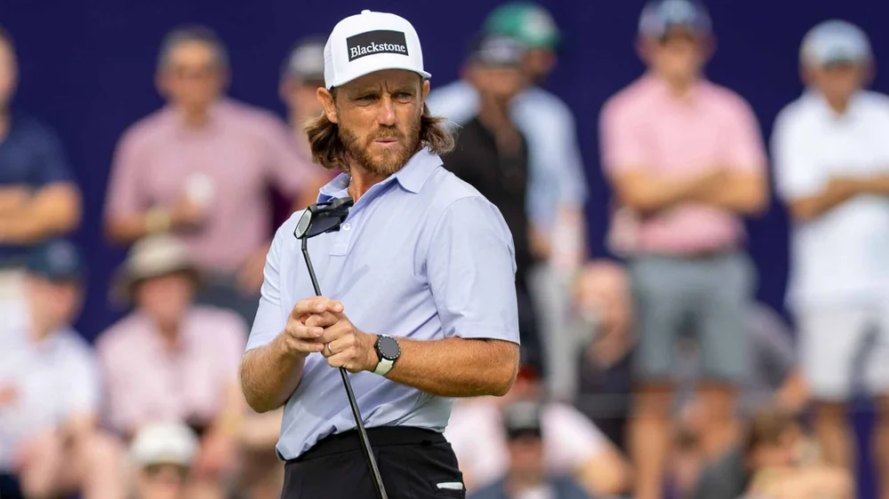 Tommy Fleetwood reacts to a putt on the 18th hole during the second round of the Truist Championship