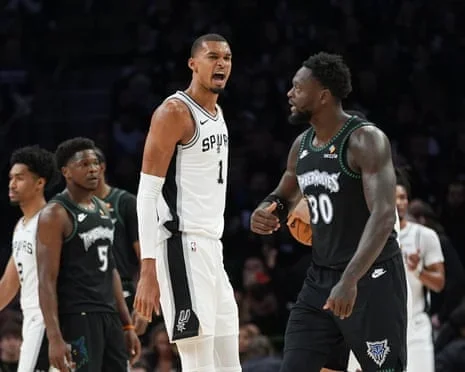 Victor Wembanyama celebrates after a play during the Spurs' playoff game against the Timberwolves.